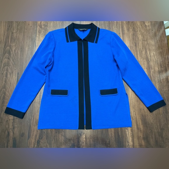 Ming Wang Knit Cardigan Size Large Royal Blue Black Trim Open Business Collar - Picture 2 of 14